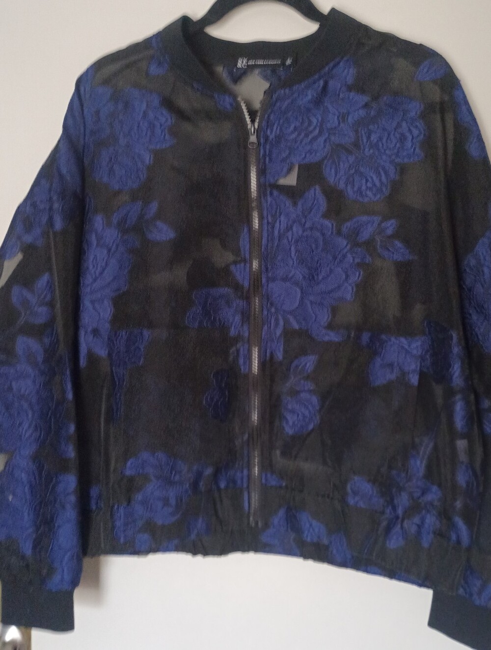 NY&C nwt Black & Royal Blue Floral Sheer Zip Up Bomber Jacket - Large